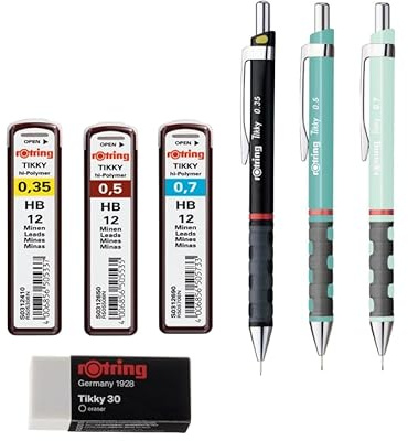 rOtring Tikky Pastell-Druckbleistifte-Set, HB, 0,34 mm, 0,5 mm, 0,7 mm, Radiergummi + Nachfüllungen, 40 Stück