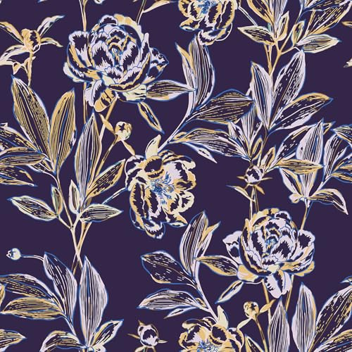 CRE8TIVE Papier peint autocollant motif floral violet - 30,5 cm x 300 cm - Pour salon - Papier peint vintage en vinyle blanc doré - Pivoine - Papier peint de salle de bain - Étanche - Pour placard