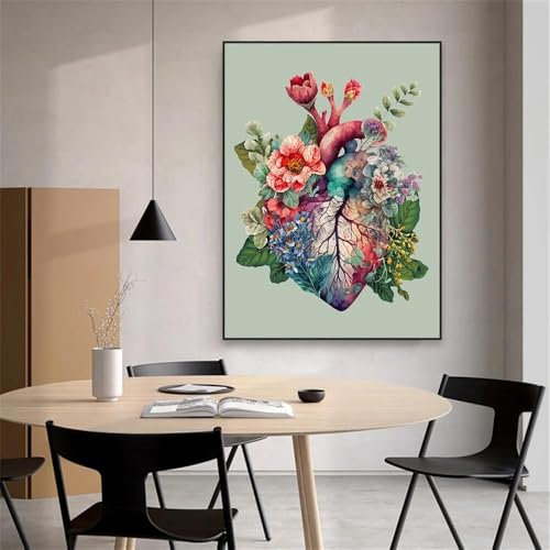 Yocheng Poster floreale anatomico con cuore medico, arte medica, stampe ad acquerello, scienza medica, cuore umano con fiori, illustrazioni, stampe su tela 40x50cm Senza Cornice