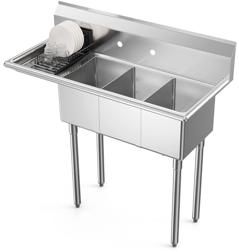 ROVSUN Commercial Sink, Stainless Steel with 3 Compartment and Left Side Drainboard, 43.9 x 20 x 43.3 Freestanding Kitchen Utility Sink, Bowl Size 10 x 14 x 10, Silver