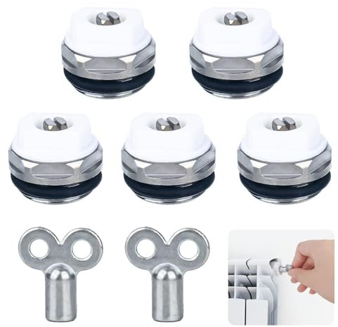 5 valvole di sfiato per radiatori con 2 chiavi di sfiato da 1/2 pollici in ottone nichelato, valvola di sfiato manuale per radiatori, valvole di sfiato con testa in plastica girevole
