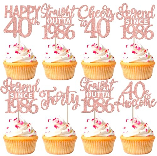 SYKYCTCY 24 Pack Happy 40th Birthday Cupcake Toppers Glitter Forty Straight Outta 1986 Legend Since 1986 Cupcake Picks for Cheers to 40 Years Birthday Wedding Party Decorations Supplies