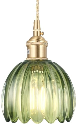 Glas Hängelampe mit Batterie und Fernbedienung, Wiederaufladbare LED-Hängeleuchte， Ohne Stromanschluss Hängelampen ，,dimmbare Retro Hängelampe Batterie, Dimmbare Pendelleuchte mit 6 RGB-Farben.(Green)