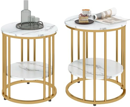 HOMCOM Couchtisch rund 2er Set mit Ablage Stahlrahmen Marmoroptik Weiß | Beistelltisch, Wohnzimmertisch, Kaffeetisch, für Wohnzimmer Schlafzimmer