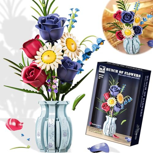 DINYOAN Construction de Bouquet de Fleurs avec Vase, 787 PCS Construction Bouquet Fleurs, Rose Kit de Blocs de Construction de Bouquet de Fleurs, Cadeau de Saint-Valentin, Anniversaire, Fête des Mères