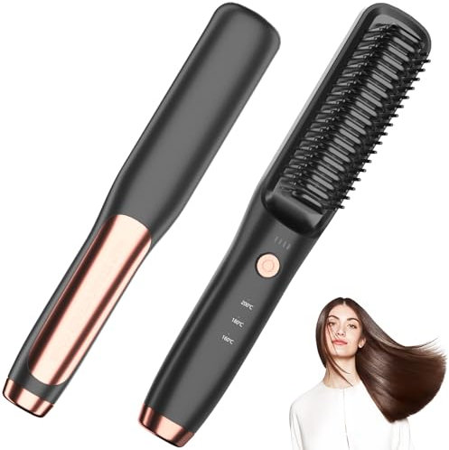 Hair Straightener Brush, 2 in 1 Flat Iron and Hair Brush Anti-Scald Fast Heating 3 Temp Settings Wider Comb for Even Straightening for Women Travel Everyday Use