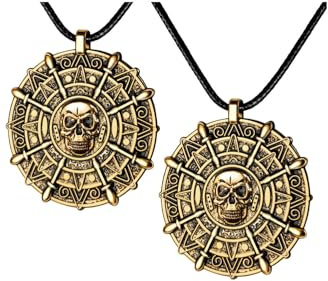 Spinosaurus 2pcs Gold Pirate Necklace Skull Pendants Coin Pirate Necklaces Halloween Pirate Jewellery for Dress Up Costume Accessories