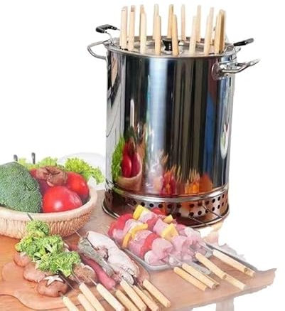 Holzkohlefass BBQ Grill, Edelstahl BBQ Grill Mesh Barrel mit Kabob Spieße, Camping Grillrost BBQ Hängeofen, Rolling Grillkorb für Gemüse und Fleisch Carbon Grill