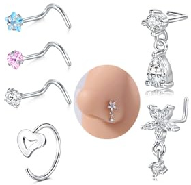 VFUN 20G ciondola l'anello del naso a forma di L Penzolare Naso Stud per le donne in acciaio inossidabile naso borchie cz fiore penzolare anelli naso cerchi naso piercing gioielli