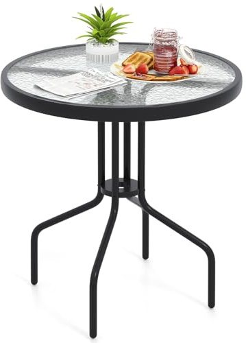 TANGZON Round Garden Table, 70cm Outdoor Dining Table with Tempered Glass Tabletop & Umbrella Hole, All-weather Metal Frame Patio Bistro Dining Furniture for Backyard Balcony Lawn