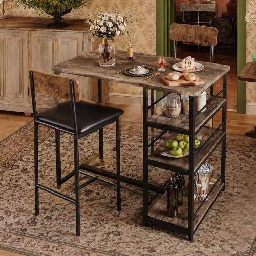 Garvee Bartisch Set 3-teilig, Stehtisch mit 2 Barhockern mit Rückenlehne, Küchentisch mit 3 Ablagen, Esszimmer-Set für Küche und Essbereich, Eiche