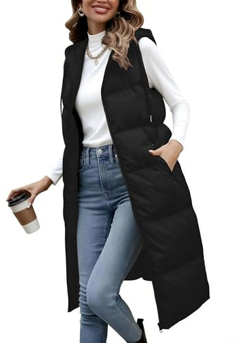 Fengbay Damen Steppweste Lang mit Kapuze Ärmellos Winterweste Daunenfüllung Leicht Warm Outdoorweste Übergangsweste für Herbst und Winter