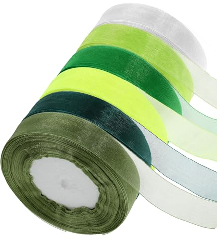 Geschenkband in 6 Farben,Breites Schleifenband Grün,Glänzend Organzaband,20 mm x 45 Meter,Stoffband Set für Blumensträuße,Hochzeitsdekorationen,Geschenkverpackungen,Basteln