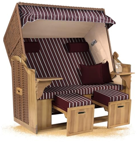 Strandkorb Hanse Ostsee XXL 2,5 Sitzer Volllieger Natur Beige 150cm breit, ideal für Garten, Terrasse und Balkon (Rot Weiß Nadelstreifen, Zerlegt)