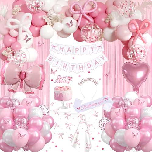 Pink Bow Birthday Decorations, Coquette Party Decoration Set with Happy Birthday Banner, Pastel Light Pink White Bow Latex Balloons, Crown, Sash, Foil Curtain Tablecloth for Girls Women Party Supplies