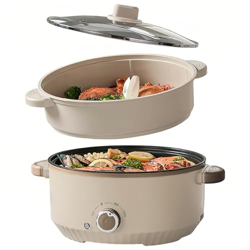Hot Pot Eléctrico con Vaporera, 4,6 L Portátil Olla Eléctrica 1000W, Olla Multifuncional Hotpot 3 Niveles para Freír, Ramen, Fondue, Sopa, Sartén Eléctrica para Dormitorio/Camping/Casa
