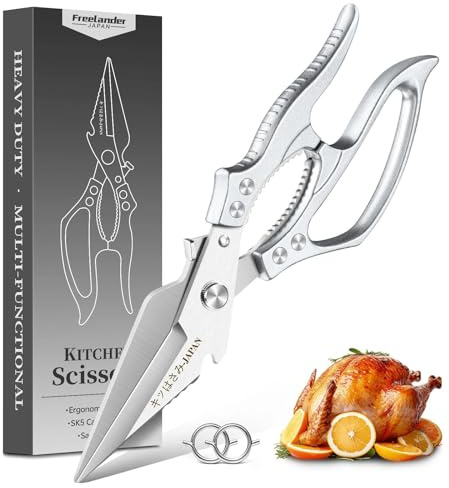 Freelander Geflügelschere Küchenschere Profi, Fleischschere Küchen Schere | Geflügelschere mit Rutschfestem Griff, Knochenschere für Geflügel, Fleisch, Fisch, Gemüse und Meeresfrüchte, Silber