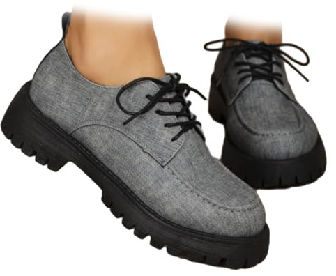 Mocasines de plataforma con cordones y puntera redonda para mujer, tacones gruesos, informales, elegantes, de negocios, cómodos, para oficina y trabajo, gris, 35 EU