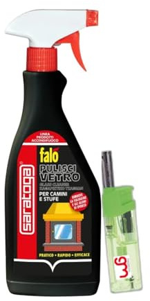 Saratoga Falò Pulisci Vetro, Detergente Potente Anti-Fuliggine per Camini e Stufe, Rimuove Patina di Fumo e Incrostazioni, Vetro Brillante in Pochi Secondi con Accendino GM, 500ml (2, PZ)
