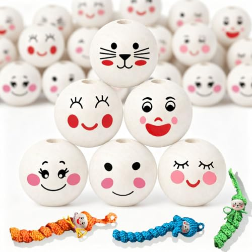 150 Stück Holzperlen mit Gesicht 20mm, Smiley Holzkugeln mit Loch | Für sorgenwürmchen & Glückswürmer Häkeln, DIY Basteln, Deko, Weihnachtsdeko, Klare Gesichtsdruck, Langlebige Farben