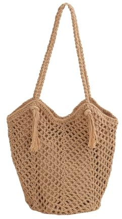 Generisch Bolso de playa de hilo tejido a mano con flecos, bolso de hombro bohemio casual, café, Einheitsgröße, Mochilas de viaje