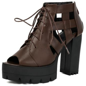 Generico Donna Intagli Allacciato Peep Toe Stivaletti Platform Tomaia Pelle PU Sandali Tacco Alto Grosso Suola Carro Armato Chiusura Zip Retro Stivaletti,Marrone,44 EU