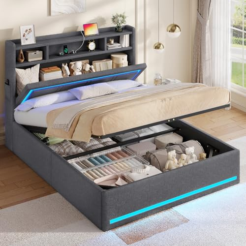 AOGLLATI Bett 140x200 Dunkelgrau mit LED Beleuchtung, USB & Hydrauliksystem | Polsterbett mit Bettkasten, Kopfteil Stauraum, Stauraum 30cm, inkl, Lattenrost,Doppelbett für Erwachsene,Leinen (No Matratze）