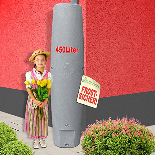 REGENTONNEN SÄULE Granit-grau 450l - das schlanke REGENFASS! REGENSPEICHER REGENBEHÄLTER. KOMPAKT und PRAKTISCH mit viel Volumen auf Kleinster Stellfläche! (Granit-grau 450l)