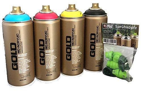 Montana Gold Sprühdosen Set CMYK Farben 4x400ml + Ersatzsprühköpfe
