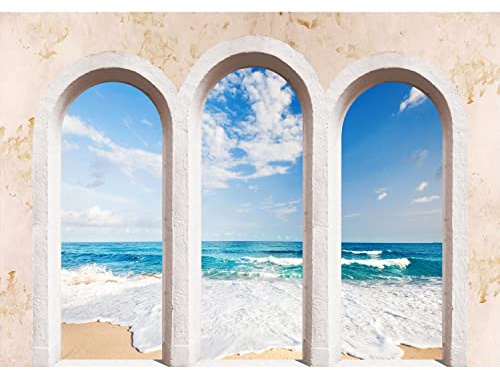 Runa Art Fototapete Meerblick Fenster Modern Vlies Wohnzimmer Schlafzimmer - Made in Germany - 308 x 220 cm Blau Beige 9014010b
