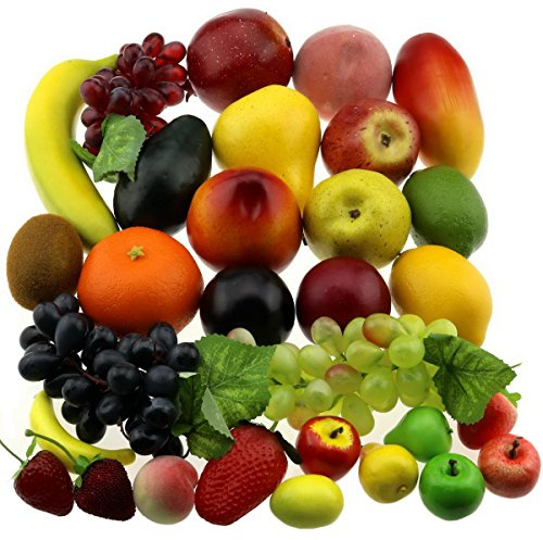 Gresorth 30 Frutas de Decorativos Realista Artificiales Fruta Decoracion Falso Limon Plátano Manzana UVA Melocotón Pera Mango Fresa Naranja …