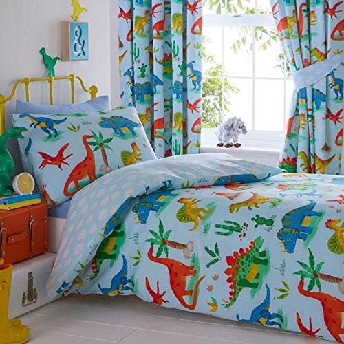 Kids Club Dinosaurs Bed Duvet Cover and Pillowcase Set, Polyester-Cotton, Blue,2 pcs, Single,.