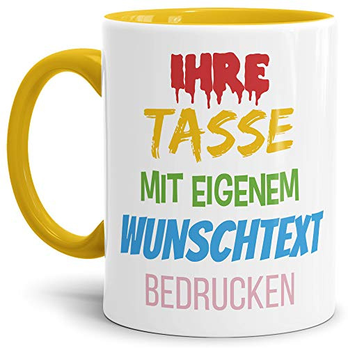 Tasse selbst gestalten/mit eigenem Text beschriften/Wunsch-Name/Spruch-Tasse/Innen & Henkel Gelb/Links & Rechts vom Henkel bedruckt