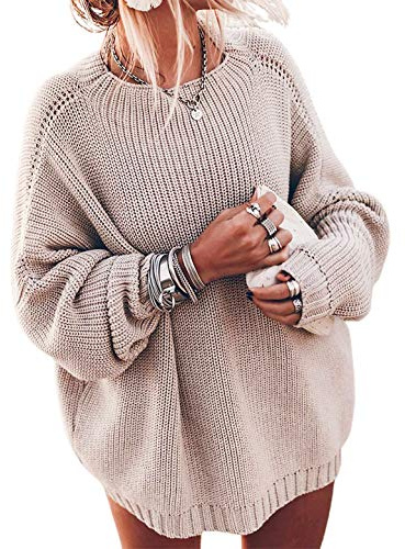Ugerlov Women's Oversized Sweaters Batwing Sleeve Mock Neck Jumper Tops Chunky Knit Pullover Sweater (Beige, S/M)