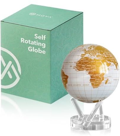 MOVA Globe - Pearl White and Gold Signature (6) | Solar-Powered Rotating World Globe for Desk | Elegant Modern Decor | No Batteries or Wires