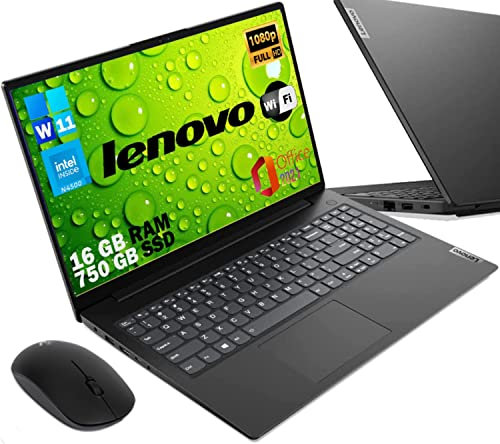 Lenovo, Pc portatile notebook pronto all'uso, Display FHD da 15,6, cpu N4500, ram 16Gb, ssd Nvme 750Gb, windows 11 pro,Open Office + Mouse Wifi