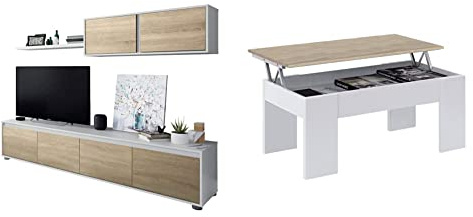 Habitdesign 0F6663A - Mueble de salón Moderno, modulos Comedor Alida + 0F1640A - Mesa de Centro elevable acabada en Color Roble Canadian, Medidas 45 x 100 x 50 cm