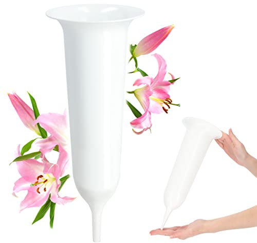 KADAX Grabvase, Vase aus Kunststoff, Blumenvase, Kunststoff-Vase für Blumen, wetterfeste Friedhofsvase, frostsicher Steckvase für Grab, witterungsbeständiger Grabschmuck (13,5cm, mit Erdspieß, weiß)