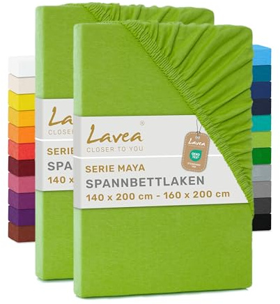 Lavea® 2er Pack Jersey Spannbettlaken 140/160x200cm – Apfelgrün | 100% Baumwolle – Weiches Bettlaken für Matratzen bis 20 cm Höhe – Formstabil und Langlebig