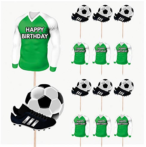 AK Giftshop Football Birthday Cupcakes Cake & Food Decorations Party Picks Toppers - Green and White Team Colours (Pack of 14)