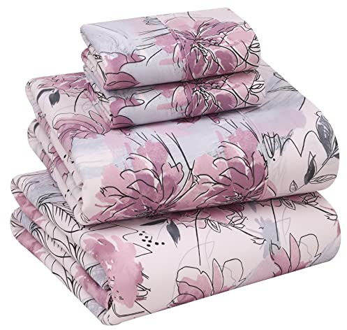 RUVANTI Parure de lit 4 pièces Respirante et Durable, en 100% Percale de Coton, avec Bonnets Profonds de 40,6 cm, pour lit King Size californien, Motif Floral Lilas