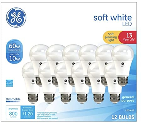 GE Soft White 60 Watt Replacement LED Light Bulbs, General Purpose, Dimmable Light Bulbs (Soft White, 12 Pack) (12)