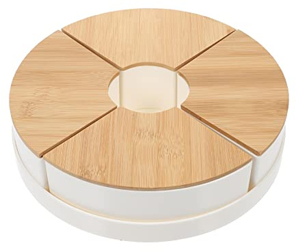 STOBOK Snack Tray with Lid Divided Candy Box Nut Holder Dried Fruit Box Tray Round Appetizer with Wooden Cover 4 Compartment Dry Food Storage Organizer Dish Platter 26cm White