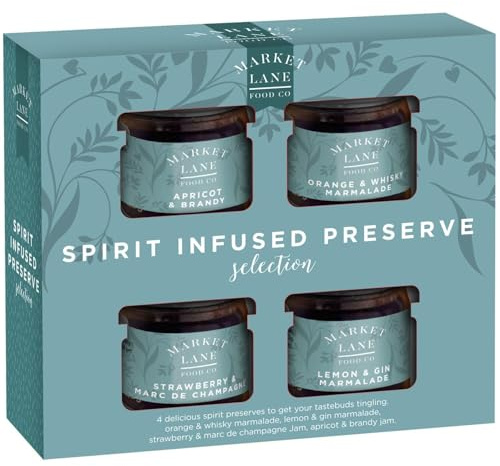 Marmalade and Jam Selection Gift Set - Market Lane Spirit Infused Mini Jams & Marmalade Gift Set - Premium 4-Mini Jars Gourmet Jams - Flavourful Stocking Filler Christmas Food Gift Set for Her & Him
