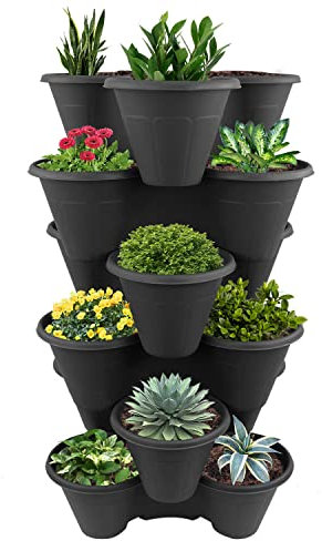 AGP ADVANCED GLOBAL PRODUCTIONS Outdoor Strawberry Planters Stackable Garden Vertical Plant Pot Flower Herbs Box (6 x Black)