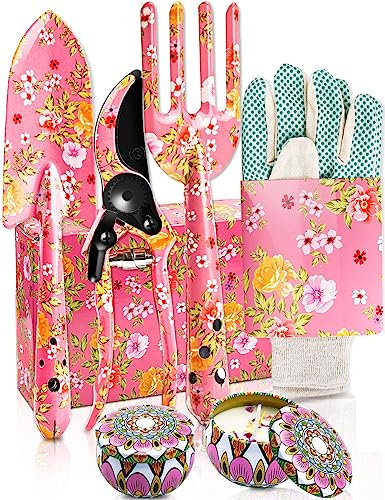 Gardening Gifts For Women, TOYPOPOR 6Pcs Garden Tools Set with Floral Print, Including Trowel, Fork, Scissor, 2 Candles and Gloves, Mother's day Birthday Gifts for Mum, Ladies Gardeners