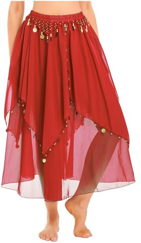 Jowowha Women Long Chiffon Training Performance Dancing Belly Dance Skirt with Coin Beads Trim Red One Size