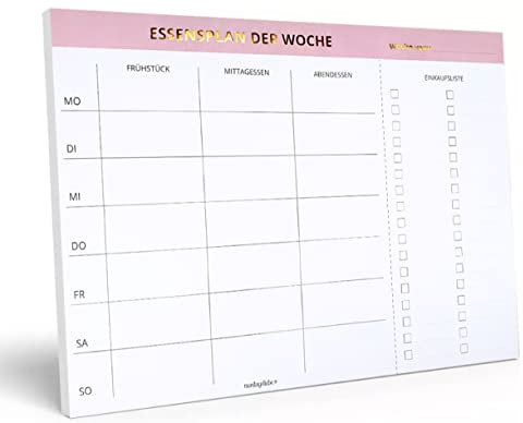 Montagsliebe® Magnetischer Essensplaner & Einkaufsliste zum Abreißen, Wochenplaner Meal Planner DIN A4, Kühlschrank Magnet Block mit Goldschrift, rosa