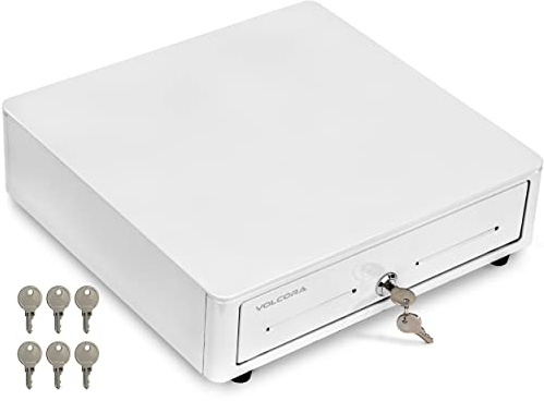 Volcora Cash Register Drawer for (POS) Point of Sale System with Round Corner 13, Removable Coin Tray, 4 Bill/5 Coin, 12-24V, RJ11/RJ12 Key-Lock, Media Slot,Cash Till for Businesses, White