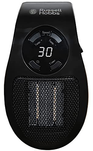 Russell Hobbs 500W Ceramic Plug Heater, Electric Heater Adjustable thermostat, 12 Hour Timer & LED Display, 2 Fan Speeds, 2 Year Guarantee, Black, RHPH2001B